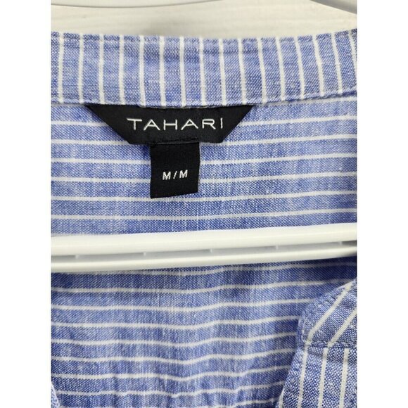Tahari Blue White Striped Pullover Shirt Roll Tab Sleeves Linen Blend Medium - Picture 3 of 7